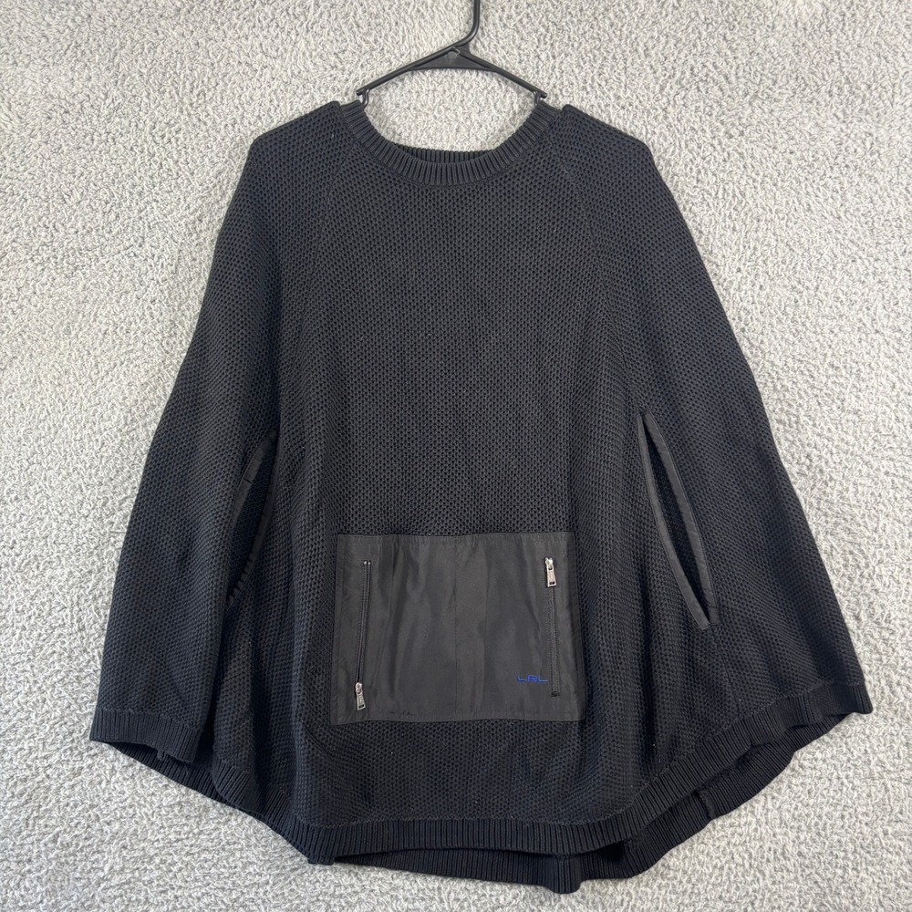 Lauren Ralph Lauren Womens Black Knit Cape Sweater Poncho Zipper Pocket SM‎
